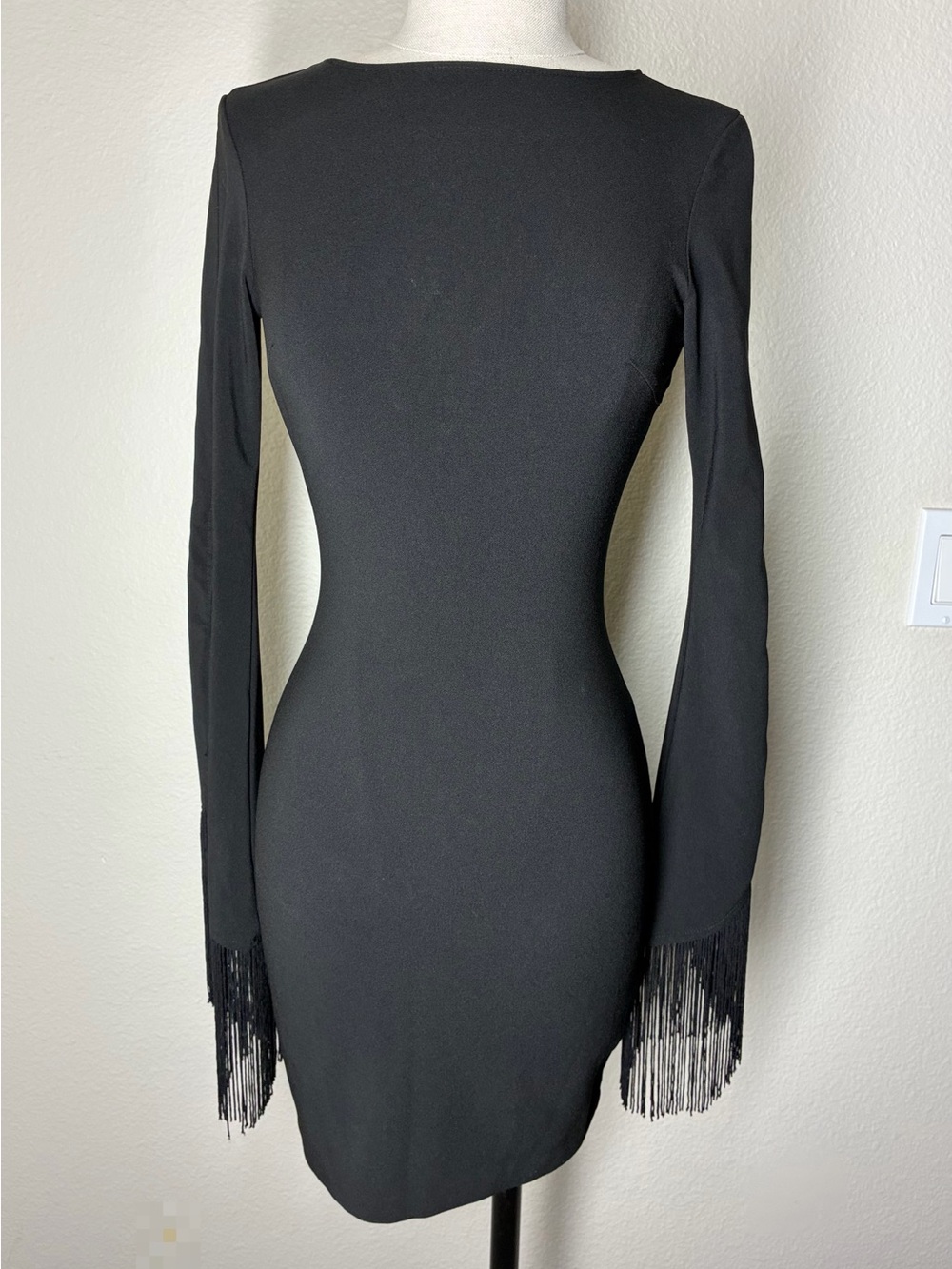 Nasty Gal Black Long-Sleeve Fringe Hem Bodycon Mini Dress, size XXS